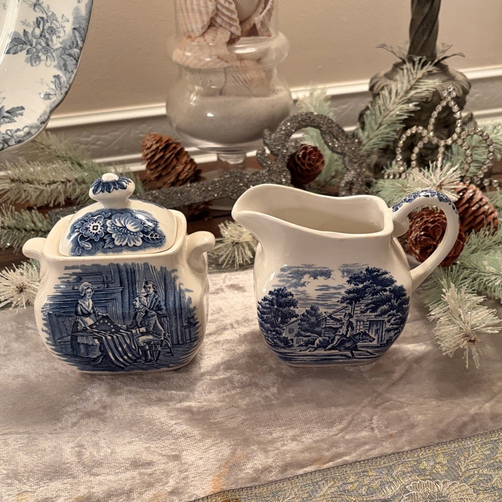 Liberty Blue and White Ceramic Creamer and Sugar Set